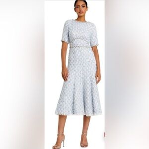 *Flawed Mac Duggal 20806 NWT Blue Short Sleeve Beaded Trim Boucle Midi Dress